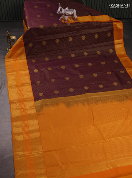 Semi kanchipuram silk saree deep wine shade and mustard yellow with allover small zari checks & buttas and zari woven border