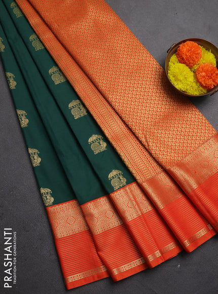 Semi kanchipuram silk saree green and orange with zari woven buttas and zari woven border