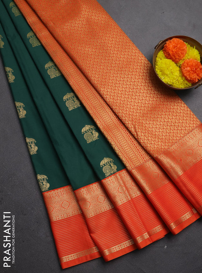 Semi kanchipuram silk saree green and orange with zari woven buttas and zari woven border