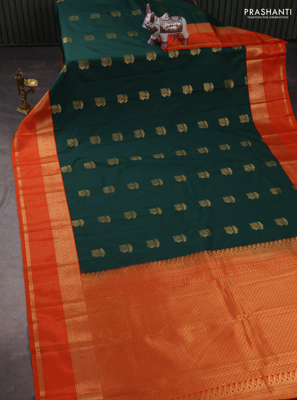 Semi kanchipuram silk saree green and orange with zari woven buttas and zari woven border