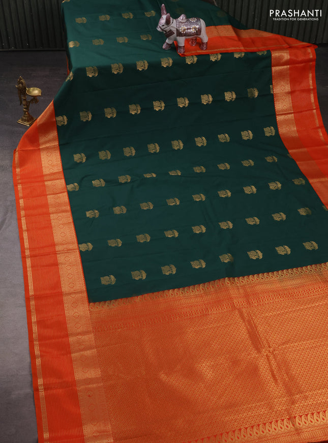 Semi kanchipuram silk saree green and orange with zari woven buttas and zari woven border