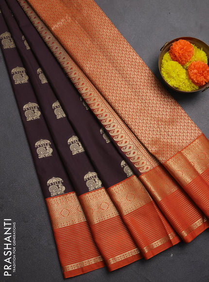 Semi kanchipuram silk saree coffee brown and rust shade with zari woven buttas and zari woven korvai border