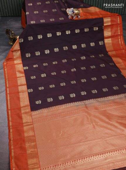 Semi kanchipuram silk saree coffee brown and rust shade with zari woven buttas and zari woven korvai border