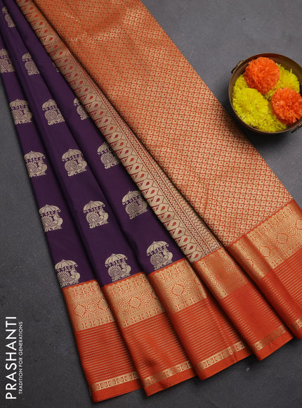 Semi kanchipuram silk saree purple and rust shade with zari woven buttas and zari woven korvai border