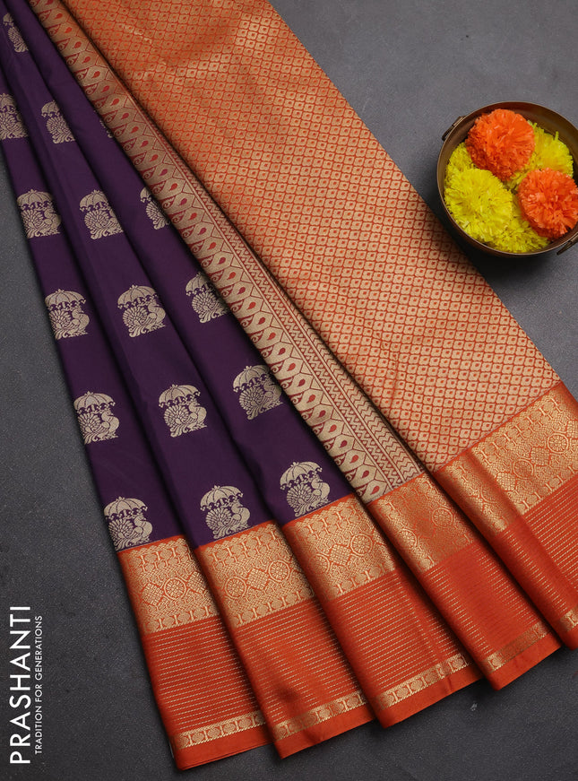 Semi kanchipuram silk saree purple and rust shade with zari woven buttas and zari woven korvai border
