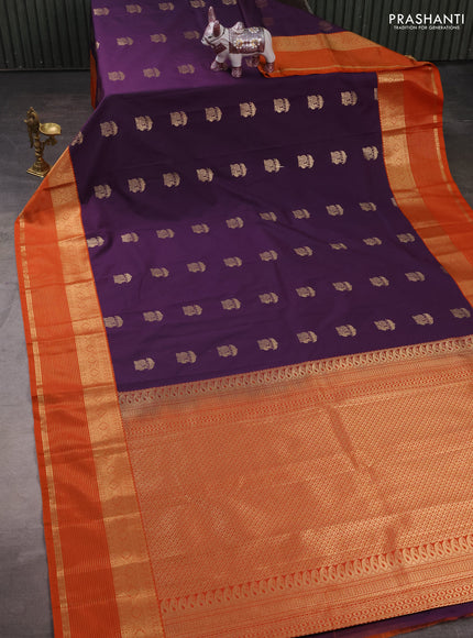 Semi kanchipuram silk saree purple and rust shade with zari woven buttas and zari woven korvai border