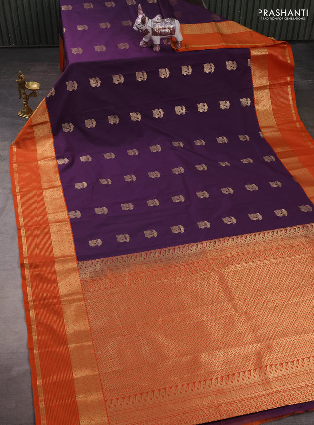 Semi kanchipuram silk saree purple and rust shade with zari woven buttas and zari woven korvai border