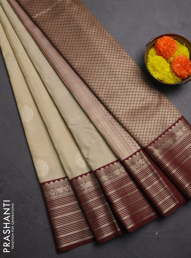 Semi kanchipuram silk saree beige and deep maroon with allover zari checks & buttas and zari woven border