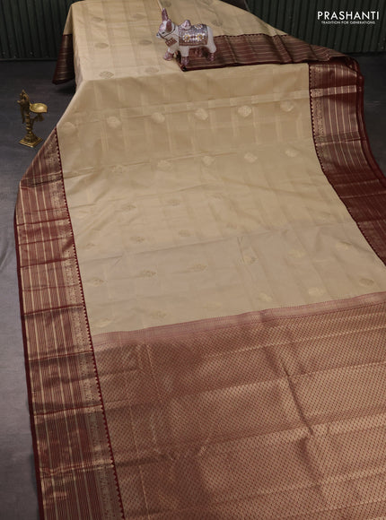 Semi kanchipuram silk saree beige and deep maroon with allover zari checks & buttas and zari woven border
