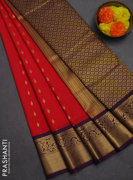 Semi kanchipuram silk saree red and purple with allover zari woven buttas and rich zari woven border