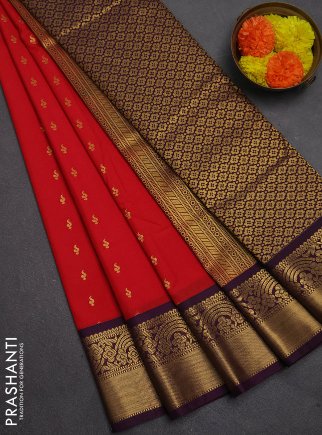Semi kanchipuram silk saree red and purple with allover zari woven buttas and rich zari woven border