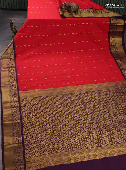 Semi kanchipuram silk saree red and purple with allover zari woven buttas and rich zari woven border