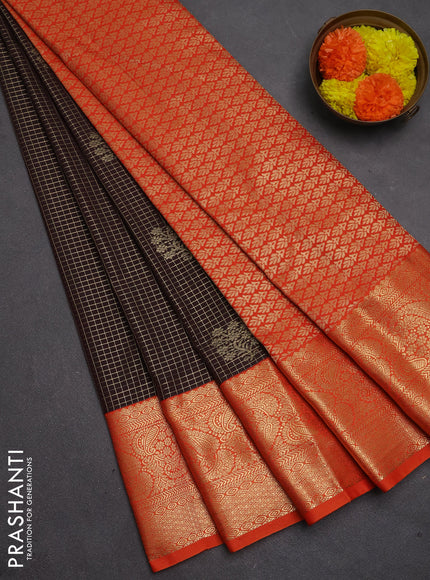 Semi kanchipuram silk saree coffee brown and orange with allover small zari checks & buttas and long zari woven border