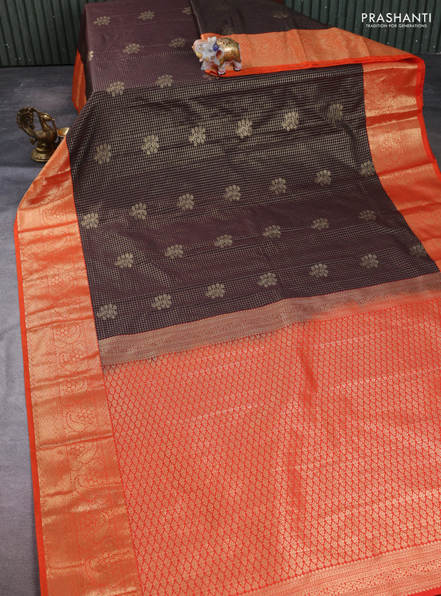 Semi kanchipuram silk saree coffee brown and orange with allover small zari checks & buttas and long zari woven border