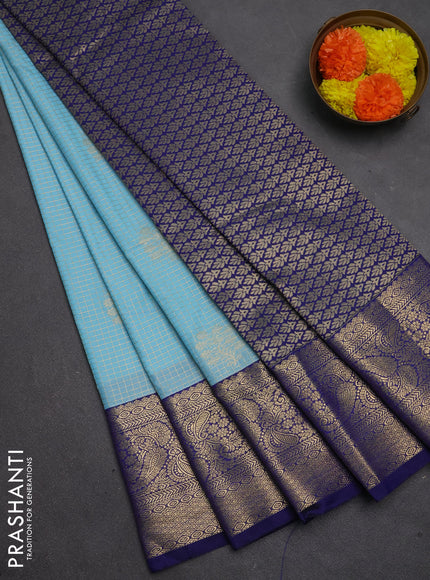Semi kanchipuram silk saree light blue and navy blue with allover small zari checks & buttas and long zari woven border