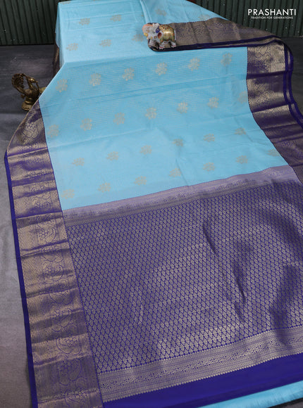 Semi kanchipuram silk saree light blue and navy blue with allover small zari checks & buttas and long zari woven border