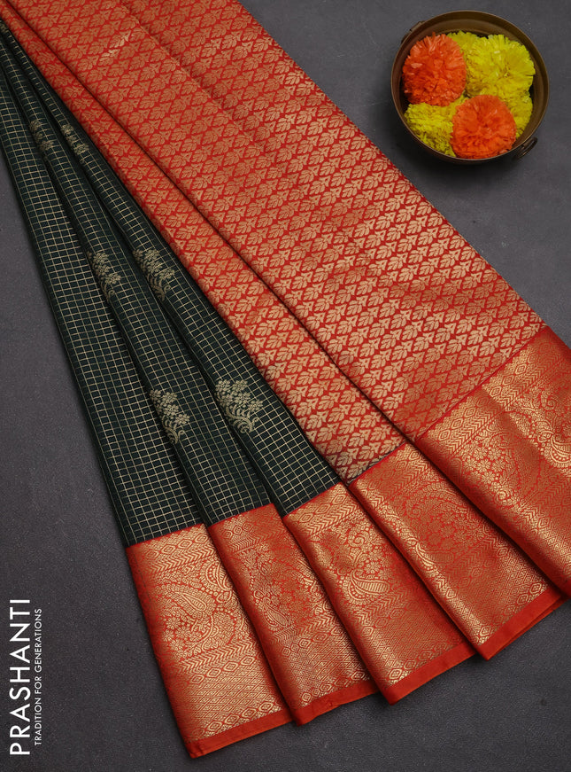 Semi kanchipuram silk saree bottle green and orange with allover zari checks & buttas and long zari woven border