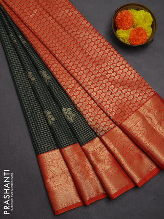 Semi kanchipuram silk saree bottle green and orange with allover zari checks & buttas and long zari woven border