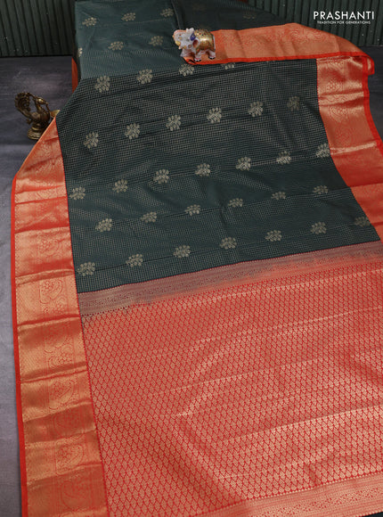 Semi kanchipuram silk saree bottle green and orange with allover zari checks & buttas and long zari woven border