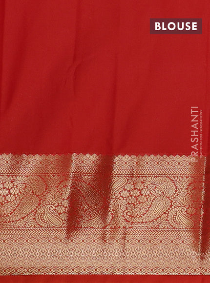 Semi kanchipuram silk saree bottle green and orange with allover zari checks & buttas and long zari woven border