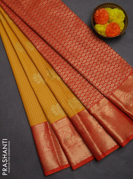 Semi kanchipuram silk saree mustard yellow and orange with allover zari checks & buttas and long zari woven border