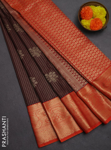 Semi kanchipuram silk saree coffee brown and rust shade with allover zari checks & buttas and long zari woven border