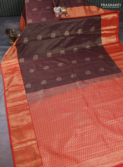 Semi kanchipuram silk saree coffee brown and rust shade with allover zari checks & buttas and long zari woven border