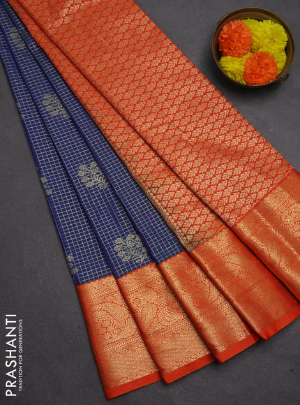 Semi kanchipuram silk saree blue and orange with allover small zari checks & buttas and long zari woven border