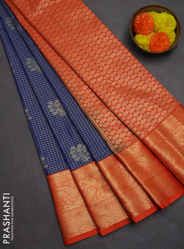 Semi kanchipuram silk saree blue and orange with allover small zari checks & buttas and long zari woven border