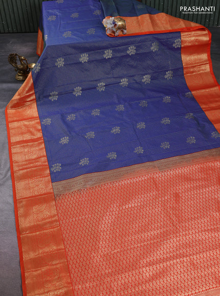 Semi kanchipuram silk saree blue and orange with allover small zari checks & buttas and long zari woven border