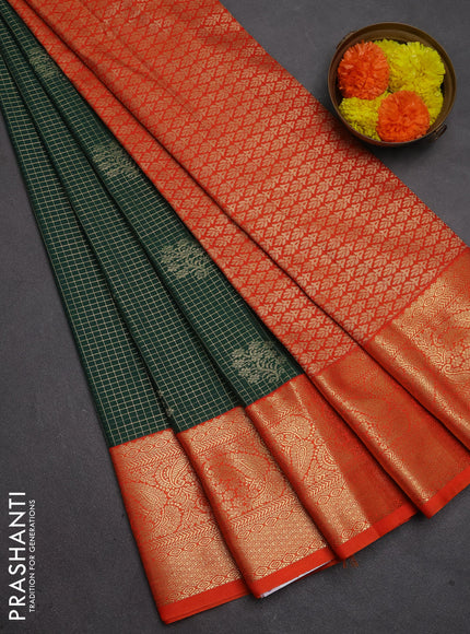 Semi kanchipuram silk saree bottle green and orange with allover small zari checks & buttas and long zari woven border