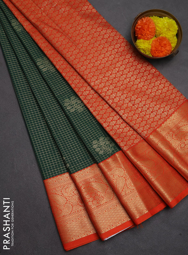 Semi kanchipuram silk saree bottle green and orange with allover small zari checks & buttas and long zari woven border
