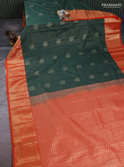 Semi kanchipuram silk saree bottle green and orange with allover small zari checks & buttas and long zari woven border