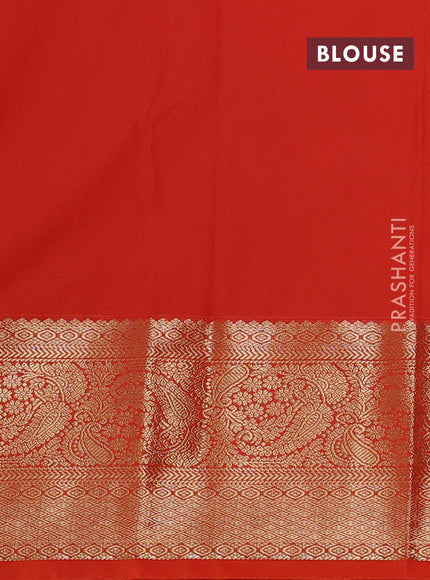Semi kanchipuram silk saree bottle green and orange with allover small zari checks & buttas and long zari woven border