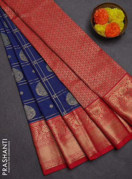 Semi kanchipuram silk saree blue and red with allover zari checks & buttas and long zari woven border