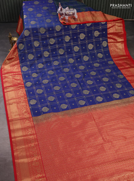 Semi kanchipuram silk saree blue and red with allover zari checks & buttas and long zari woven border