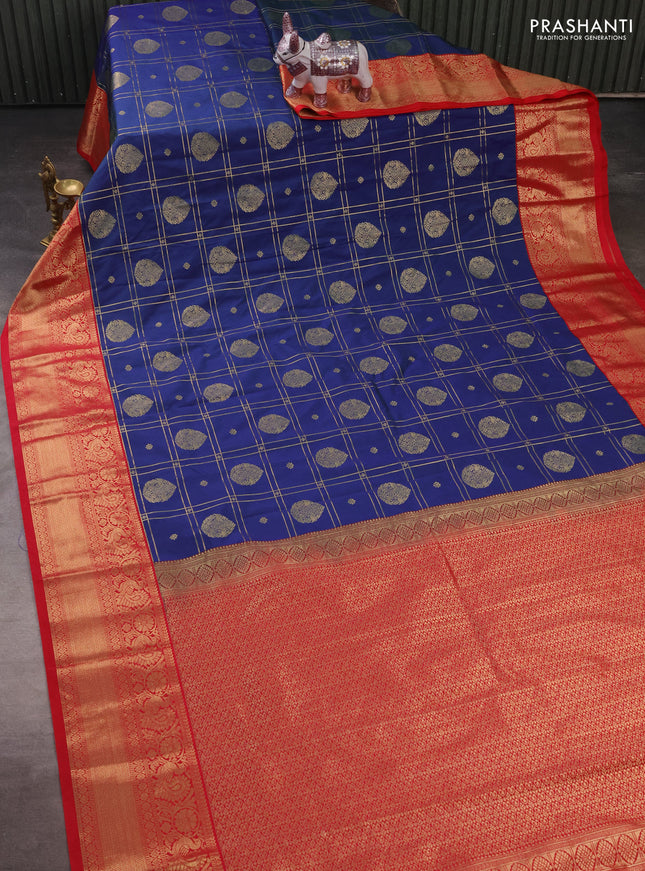 Semi kanchipuram silk saree blue and red with allover zari checks & buttas and long zari woven border