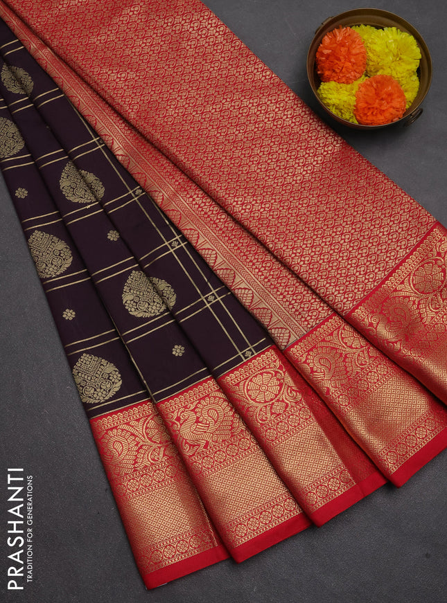 Semi kanchipuram silk saree deep jamun and red with allover zari checks & buttas and long zari woven border