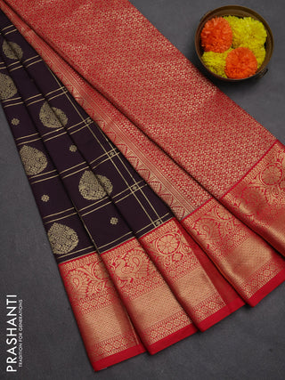 Semi kanchipuram silk saree deep jamun and red with allover zari checks & buttas and long zari woven border