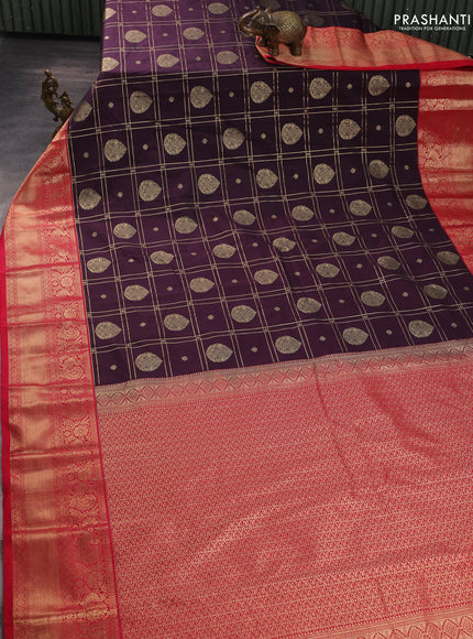 Semi kanchipuram silk saree deep jamun and red with allover zari checks & buttas and long zari woven border