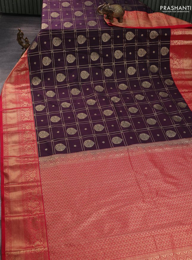 Semi kanchipuram silk saree deep jamun and red with allover zari checks & buttas and long zari woven border