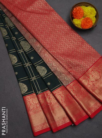 Semi kanchipuram silk saree bottle green and red with allover zari checks & buttas and long zari woven border