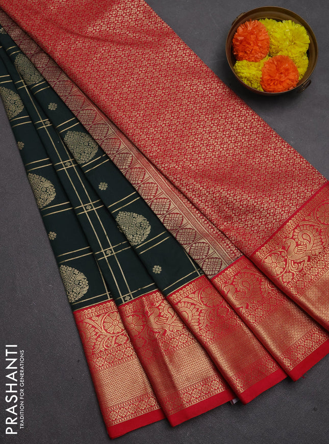 Semi kanchipuram silk saree bottle green and red with allover zari checks & buttas and long zari woven border