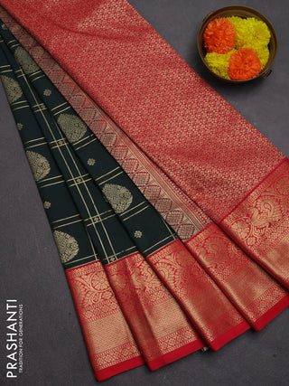 Semi kanchipuram silk saree bottle green and red with allover zari checks & buttas and long zari woven border