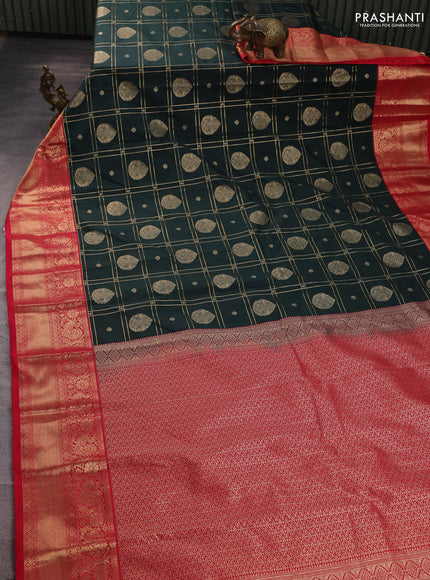 Semi kanchipuram silk saree bottle green and red with allover zari checks & buttas and long zari woven border