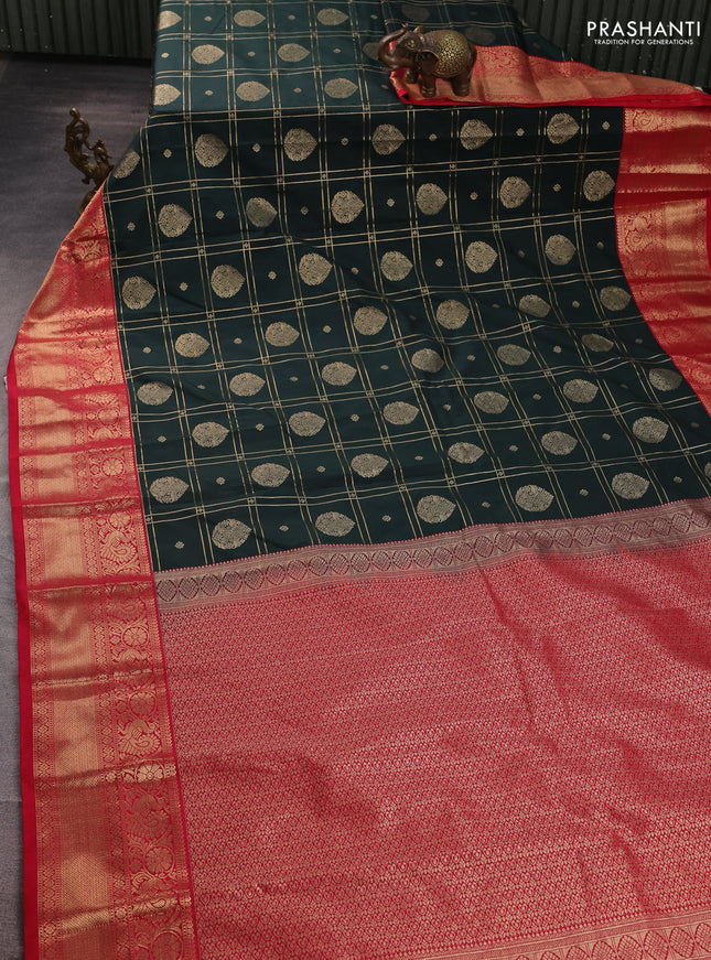 Semi kanchipuram silk saree bottle green and red with allover zari checks & buttas and long zari woven border