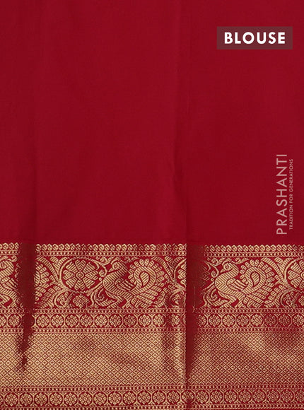 Semi kanchipuram silk saree bottle green and red with allover zari checks & buttas and long zari woven border