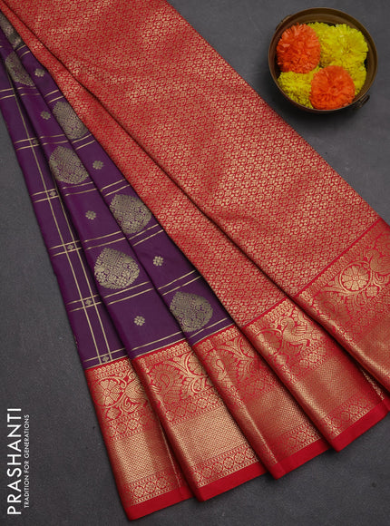 Semi kanchipuram silk saree purple and red with allover zari checks & buttas and long zari woven border