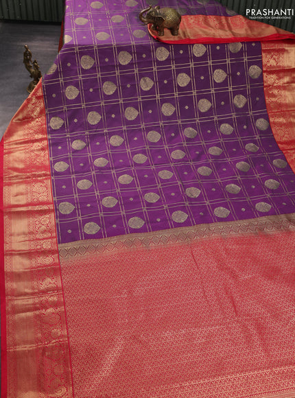 Semi kanchipuram silk saree purple and red with allover zari checks & buttas and long zari woven border