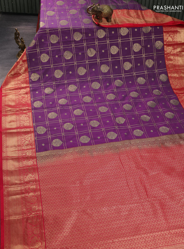 Semi kanchipuram silk saree purple and red with allover zari checks & buttas and long zari woven border